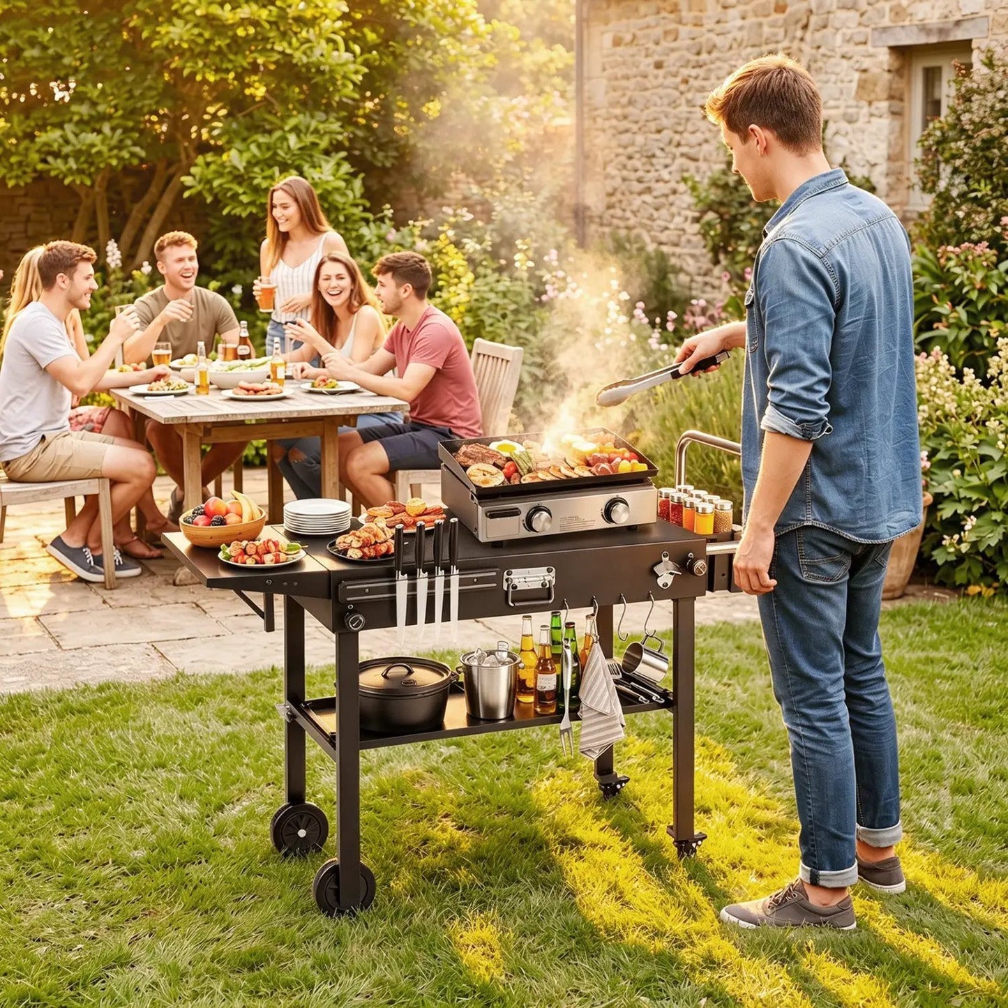 Foldable Grill Cart With 31 Inch Tabletop Storage