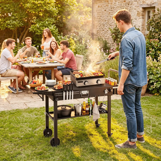 Foldable grill cart by DirectDeals with 31-inch tabletop and storage shelf, black steel on Tampa Home & Garden Store