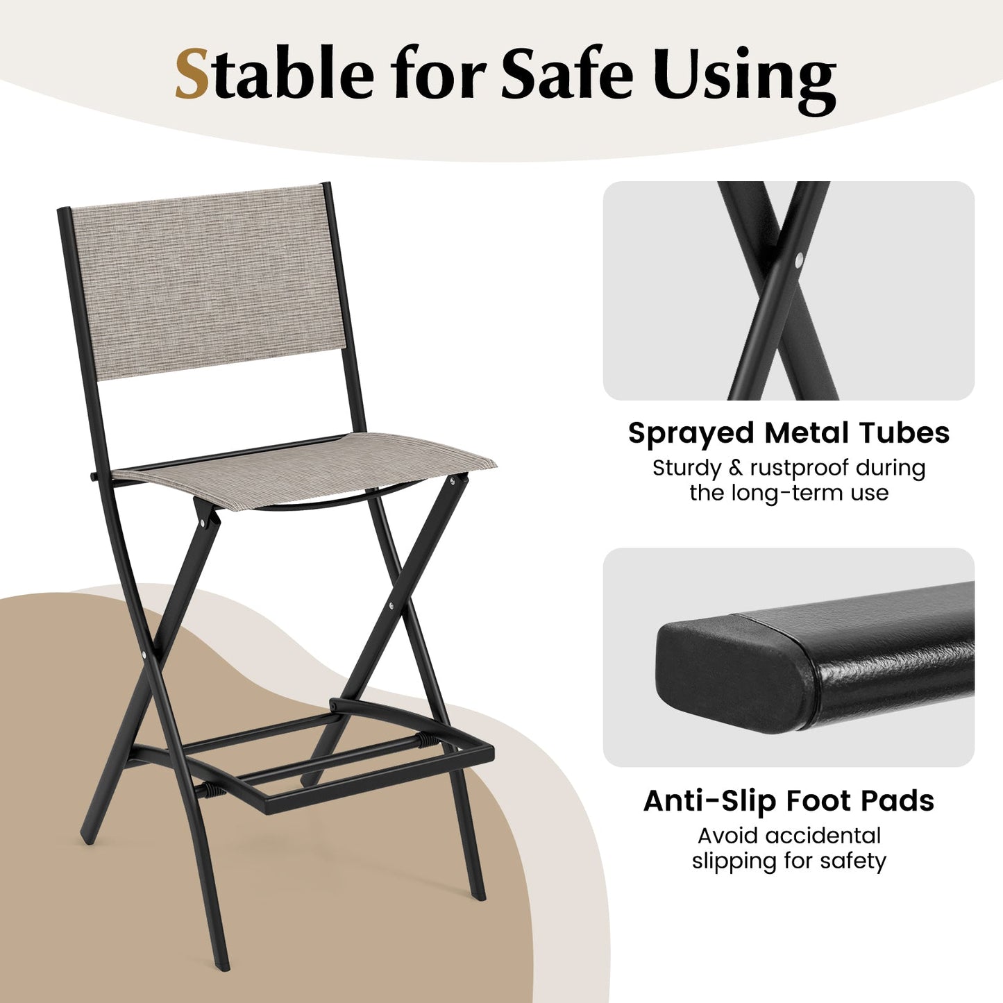 Outdoor Folding Bar Height Stool Set of 4 with Metal Frame and Footrest-Coffee
