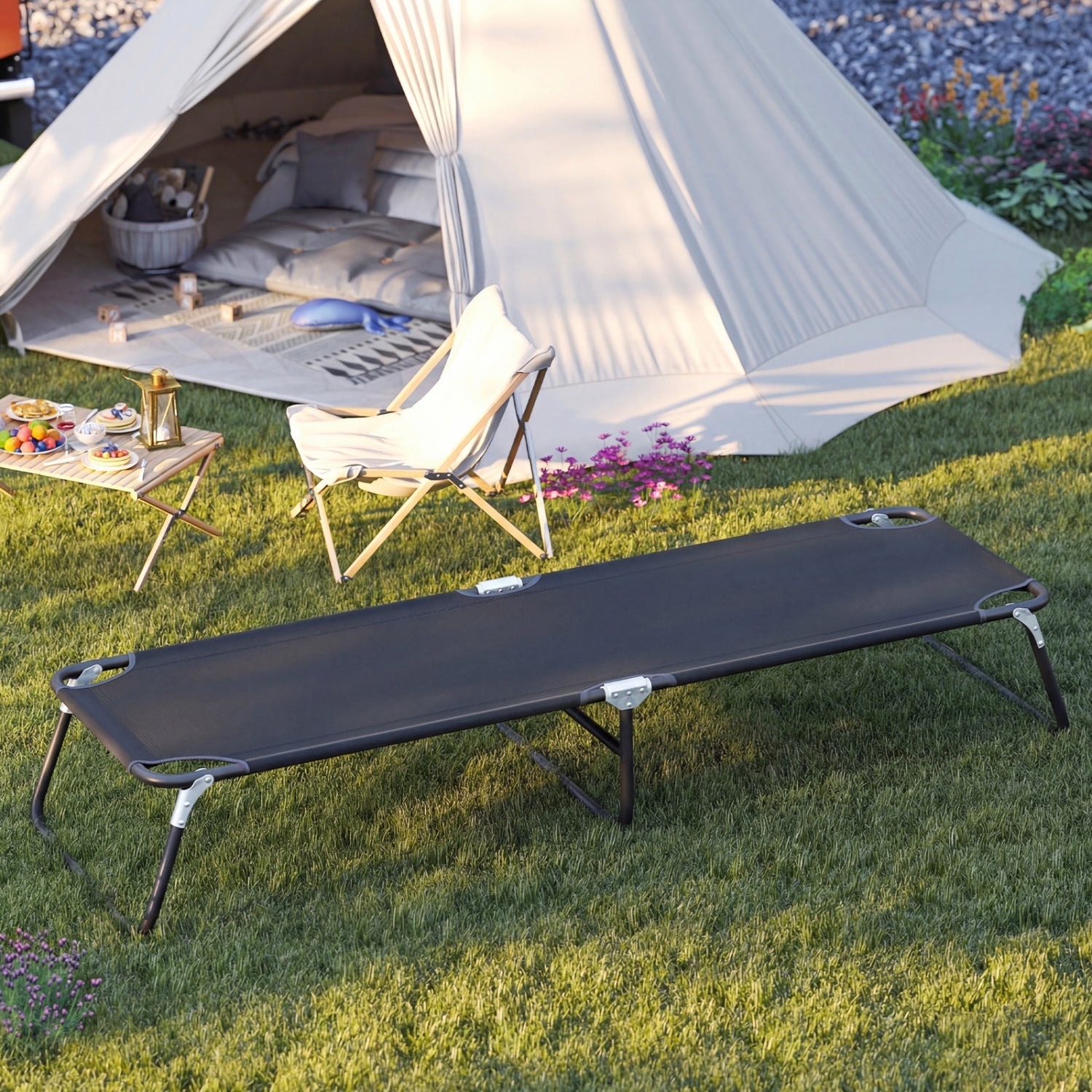 GemGear outdoor folding camping cot bed in black with aluminum frame for camping trips on Tampa Home & Garden Store