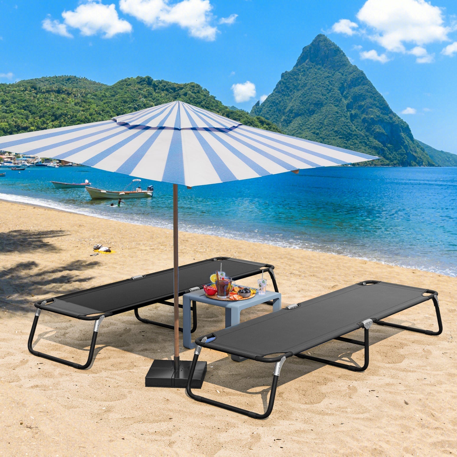 GemGear outdoor folding camping bed cot, black, 2 cots on beach with umbrella on Tampa Home & Garden Store