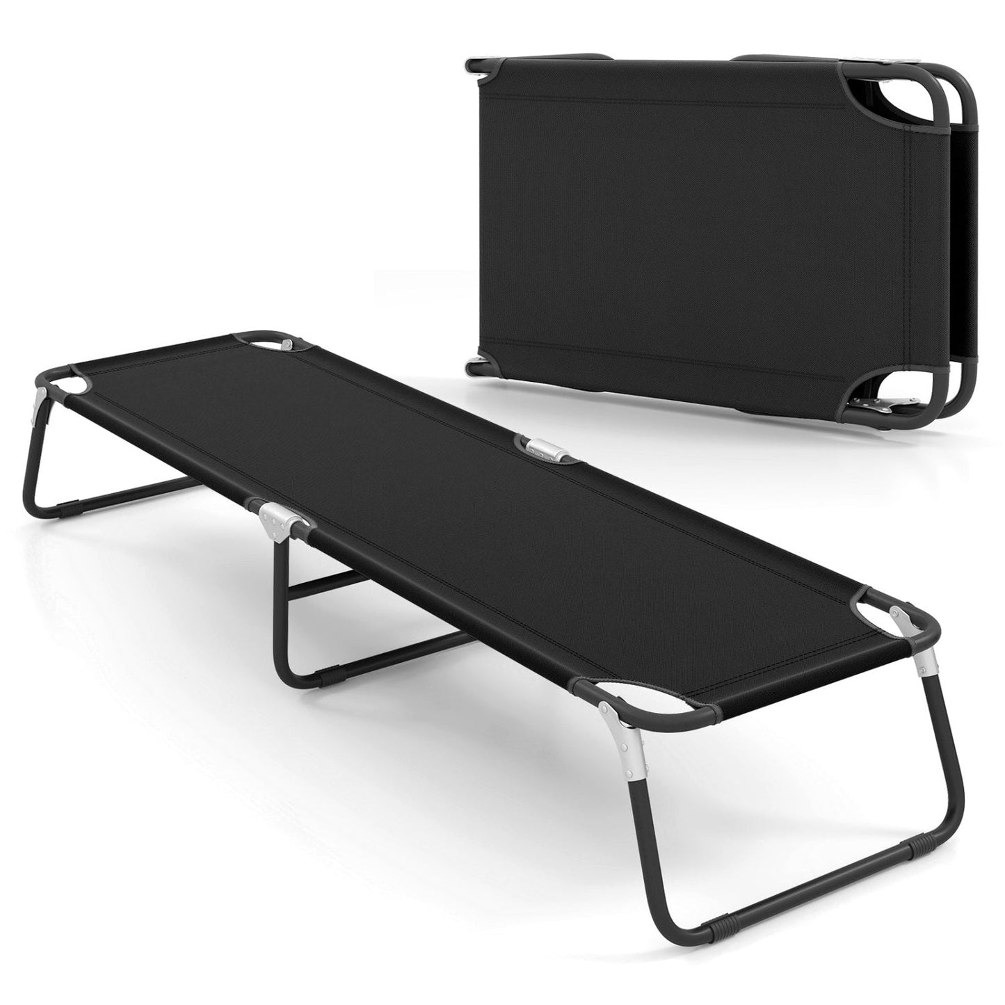 Outdoor folding camping cot GemGear in black fabric with steel frame, shown unfolded and folded on Tampa Home & Garden Store