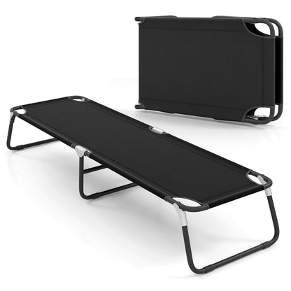 Outdoor folding camping cot GemGear in black fabric with steel frame, shown unfolded and folded on Tampa Home & Garden Store