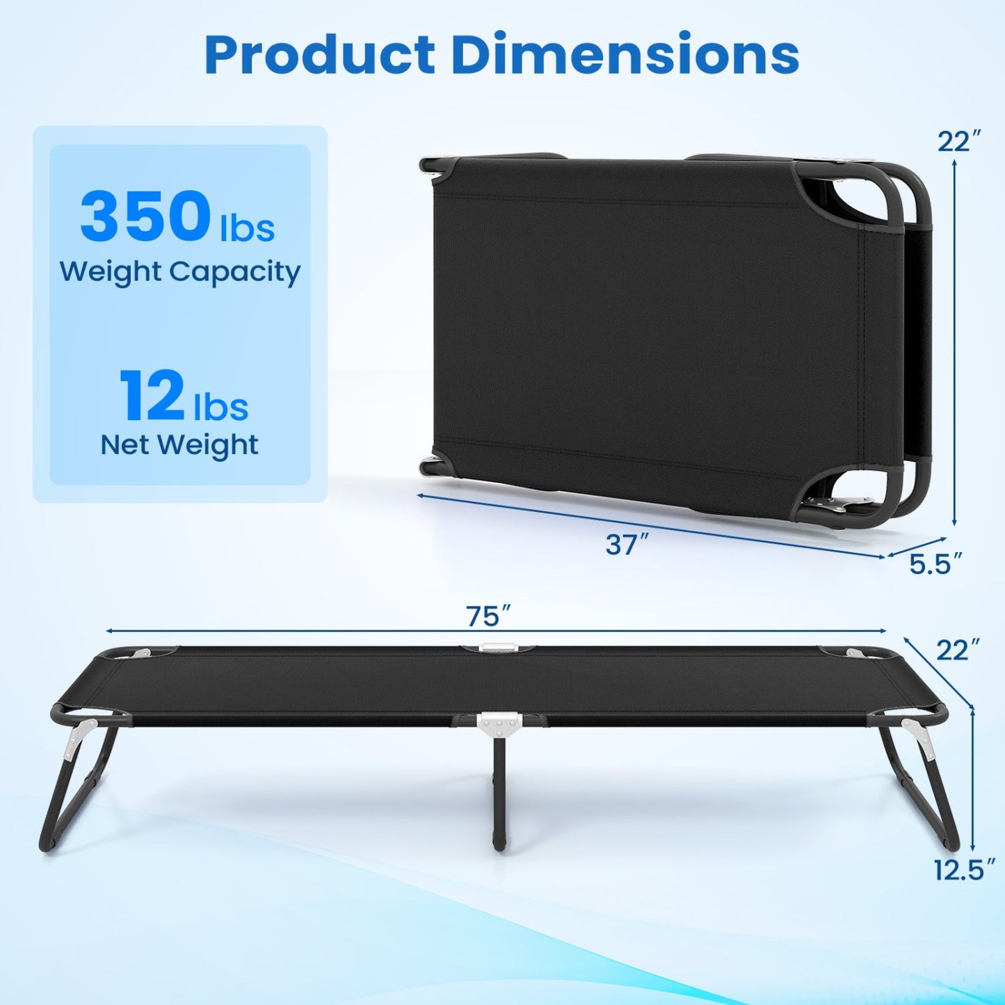 GemGear outdoor folding camping cot, black, 75in long, 22in wide, 350 lb capacity on Tampa Home & Garden Store
