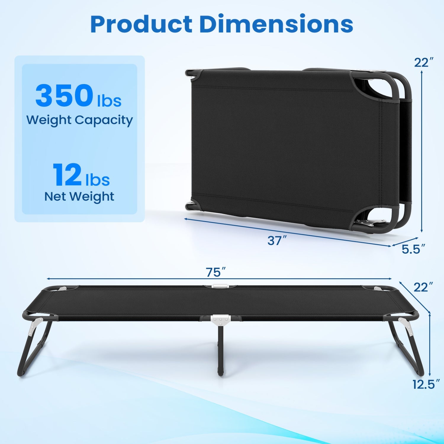 GemGear outdoor folding camping cot, black, 75in long, 22in wide, 350 lb capacity on Tampa Home & Garden Store