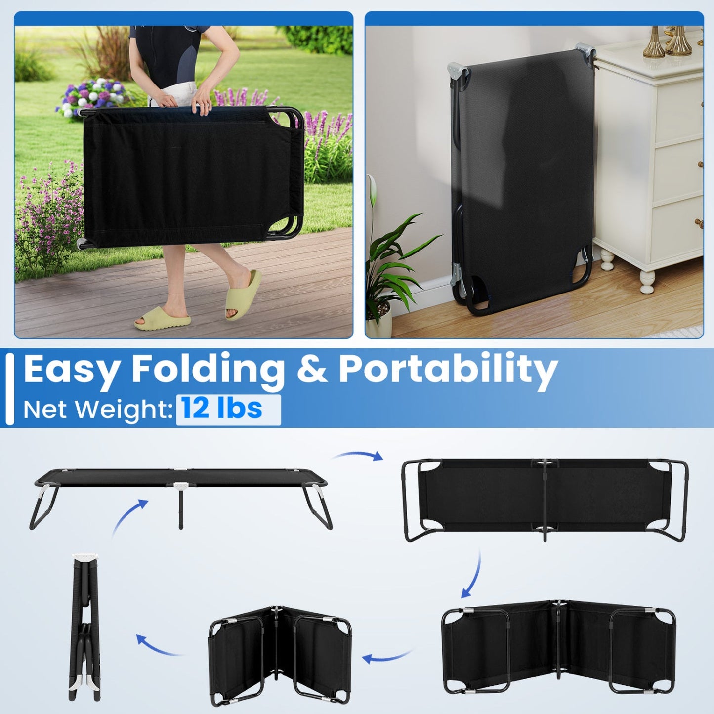 Outdoor Folding Camping Bed GemGear black cot with portable frame on Tampa Home & Garden Store