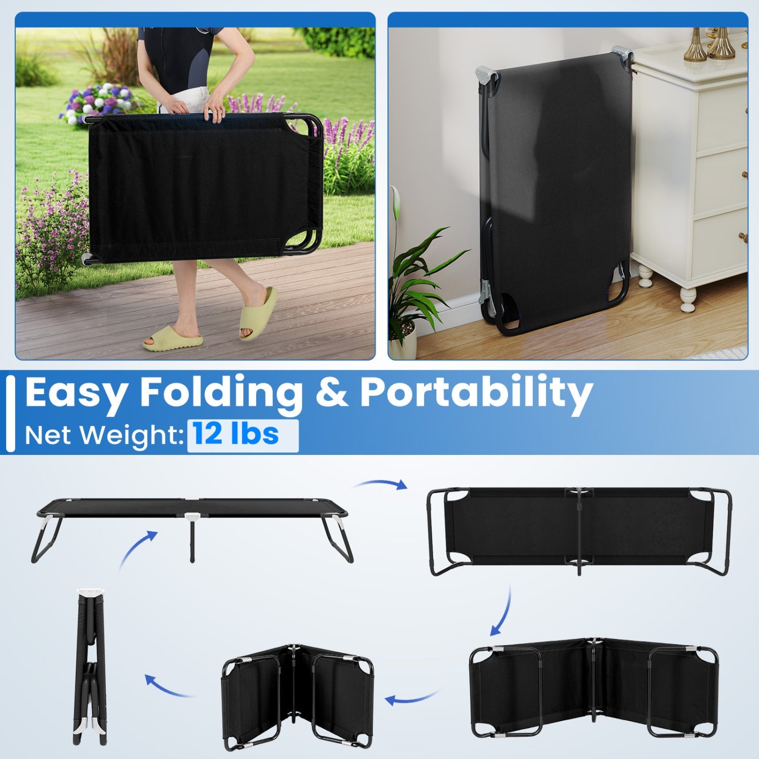 Outdoor Folding Camping Bed GemGear black cot with portable frame on Tampa Home & Garden Store