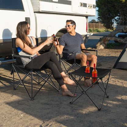 GemGear black folding camping chairs and table set with carrying bag, two relaxing by camper on Tampa Home & Garden Store