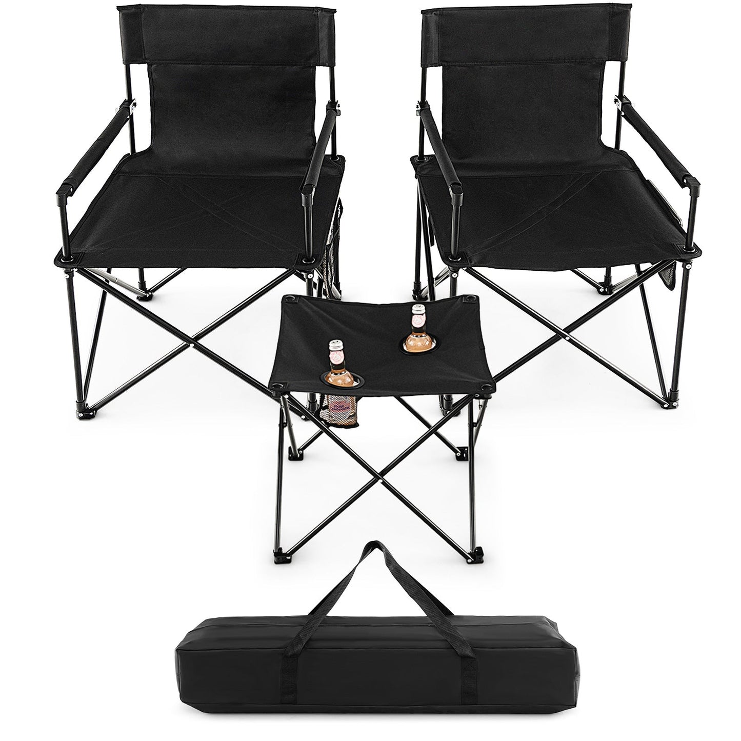 Outdoor folding camping chairs and table set with carrying bag in black steel frame on Tampa Home & Garden Store