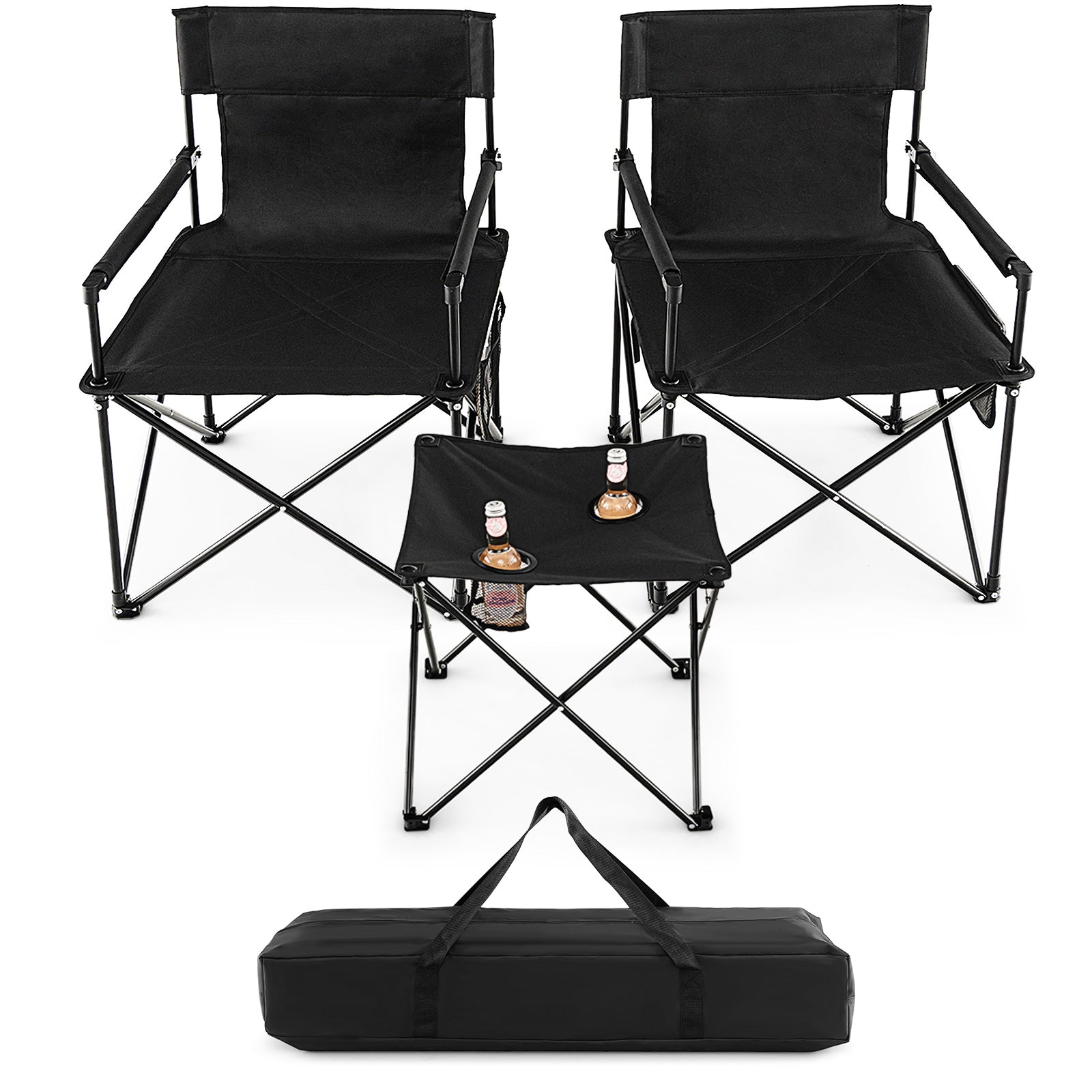 Outdoor folding camping chairs and table set with carrying bag in black steel frame on Tampa Home & Garden Store