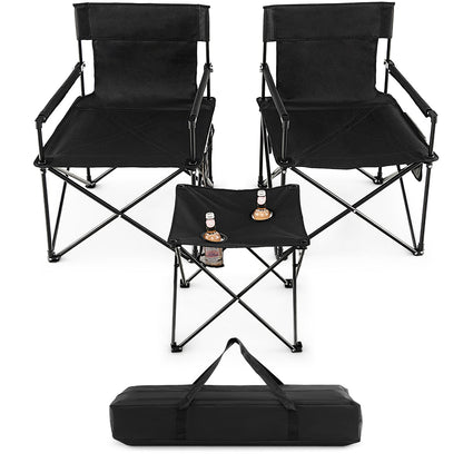 Outdoor folding camping chairs and table set with carrying bag in black steel frame on Tampa Home & Garden Store