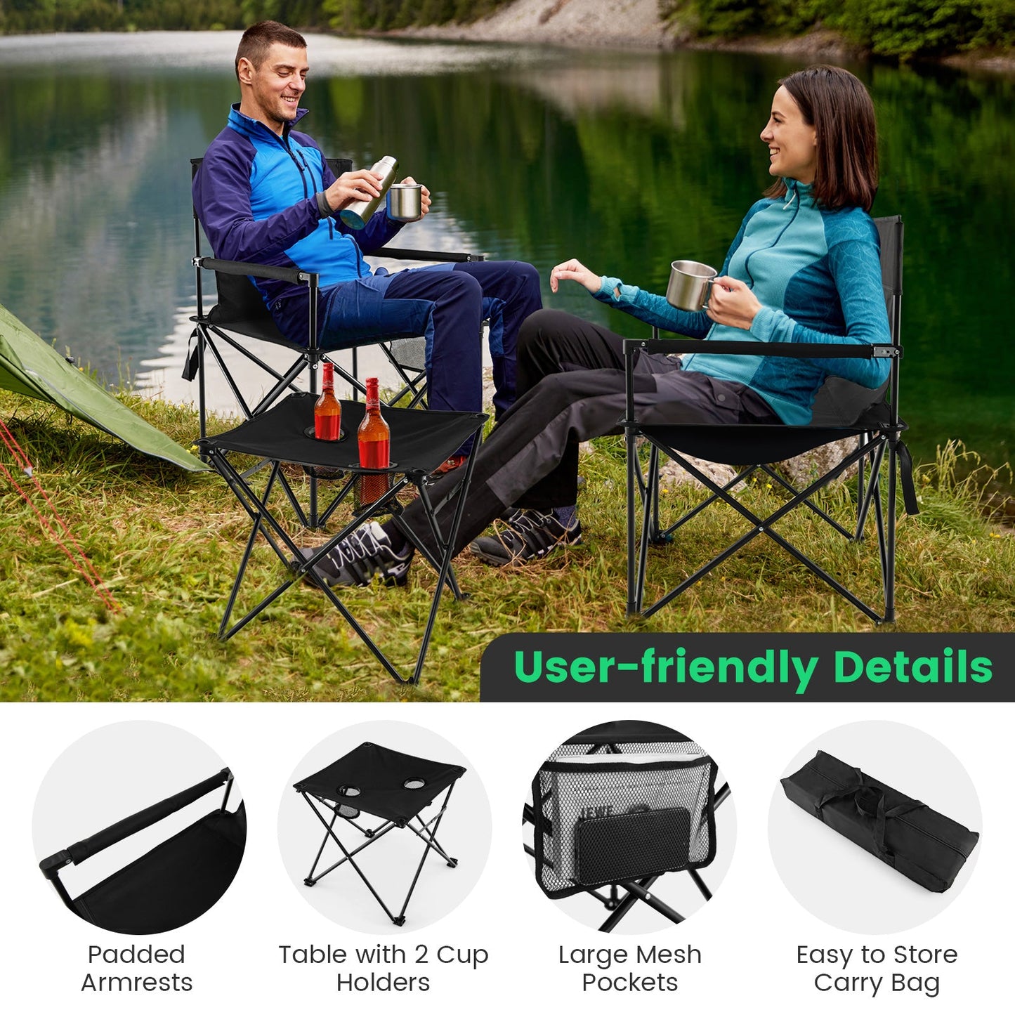 GemGear outdoor folding camping chairs and table set in black with carrying bag by a lake on Tampa Home & Garden Store