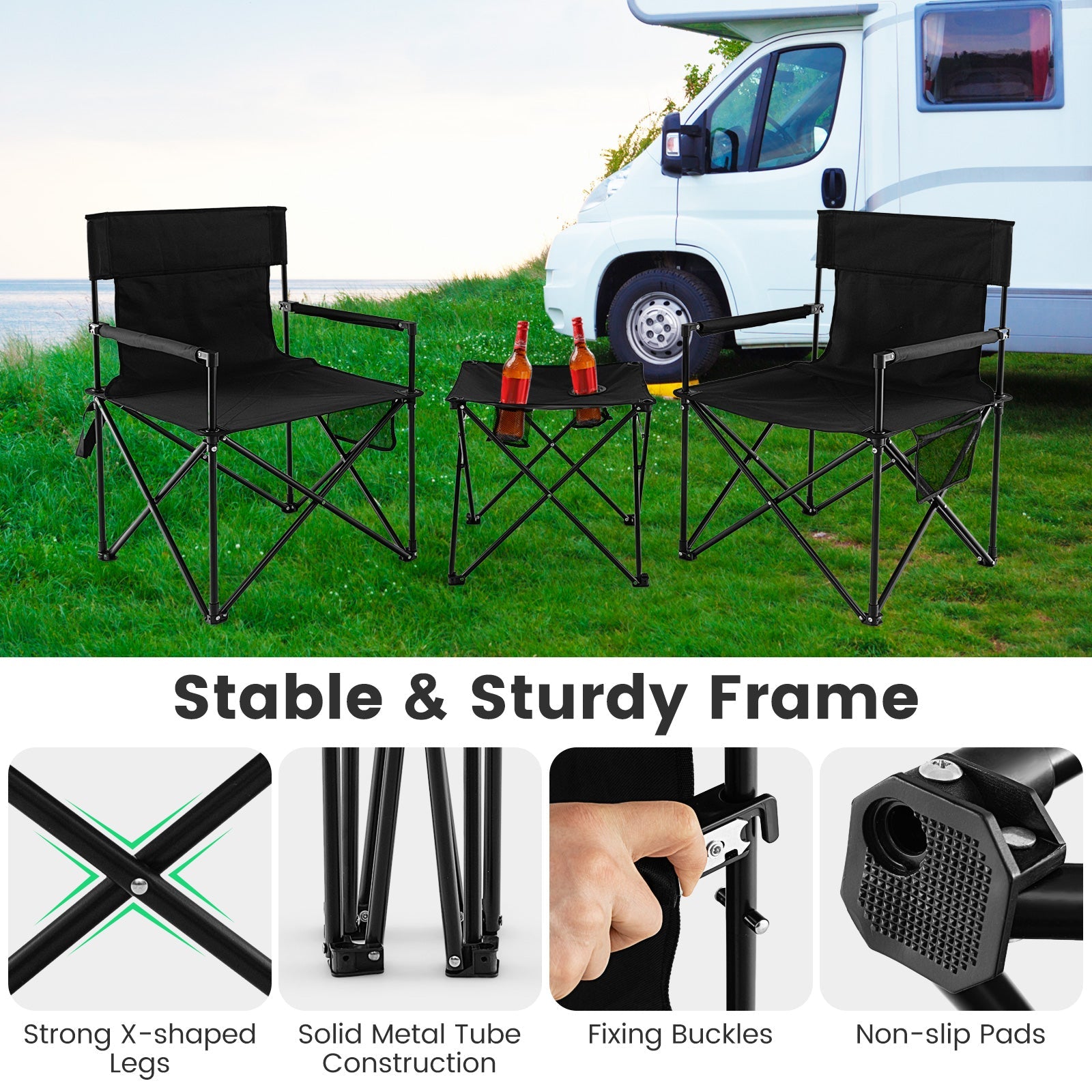 Outdoor folding camping chairs and table set in black with 2 chairs and small table carrying bag on Tampa Home & Garden Store