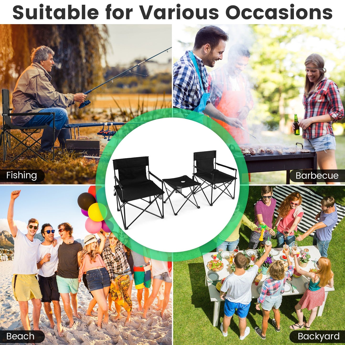 GemGear black outdoor folding camping chairs and table set with carry bag, 3 chairs on Tampa Home & Garden Store