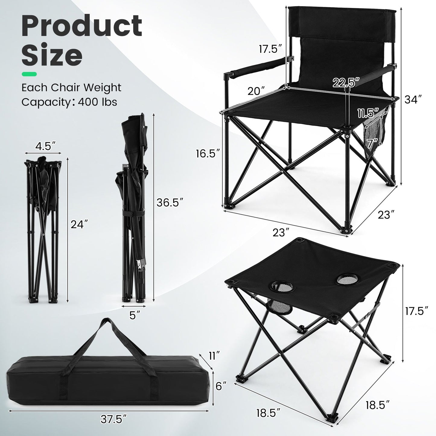 Juego de sillas y mesa de camping plegables para exteriores con bolsa de transporte - Negro