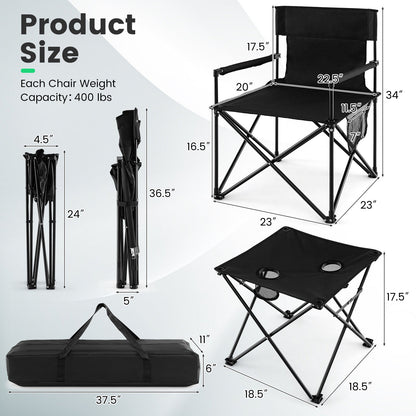 Juego de sillas y mesa de camping plegables para exteriores con bolsa de transporte - Negro