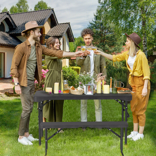 Outdoor Folding Table Bench Set w All-Weather HDPE Tabletop and Sturdy Metal Frame-Black - Tampa Home & Garden Store