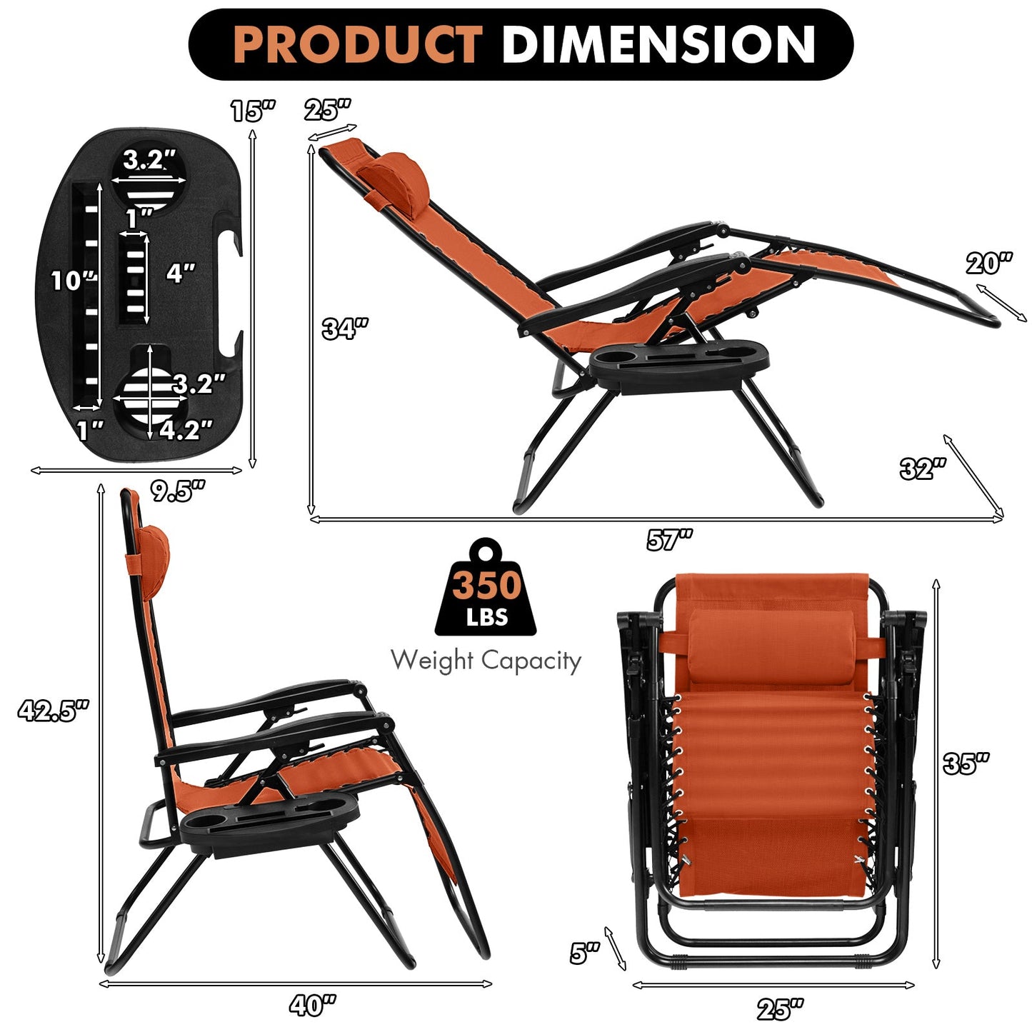 Sillón reclinable plegable de gravedad cero para exteriores - Naranja