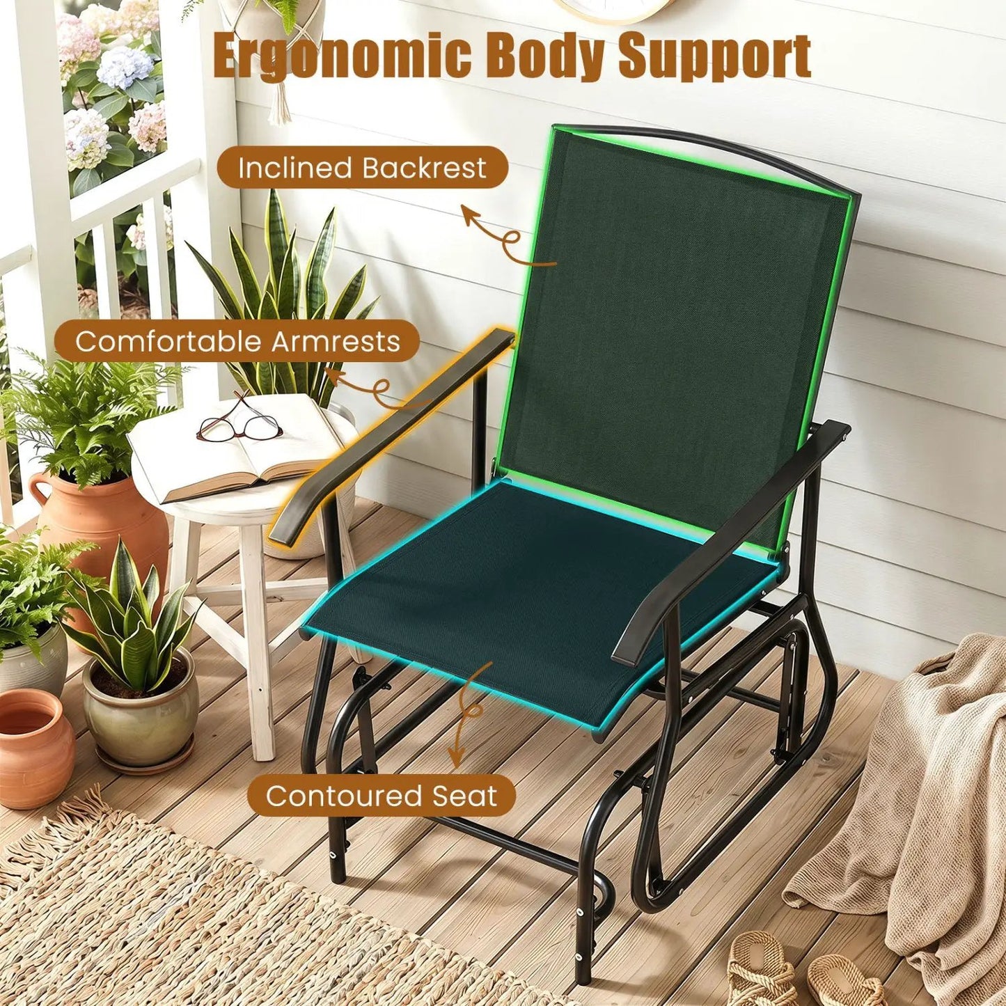 Outdoor Glider Chair With Metal Frame and Cushion