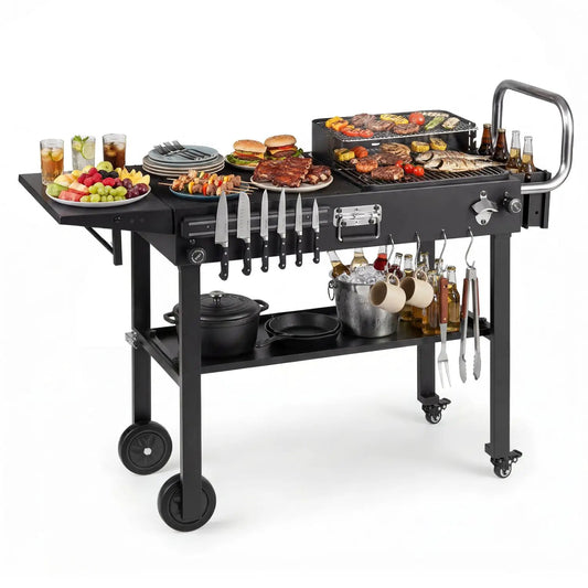 DirectDeals foldable grill cart with 31in tabletop, black steel frame, storage shelf on Tampa Home & Garden Store