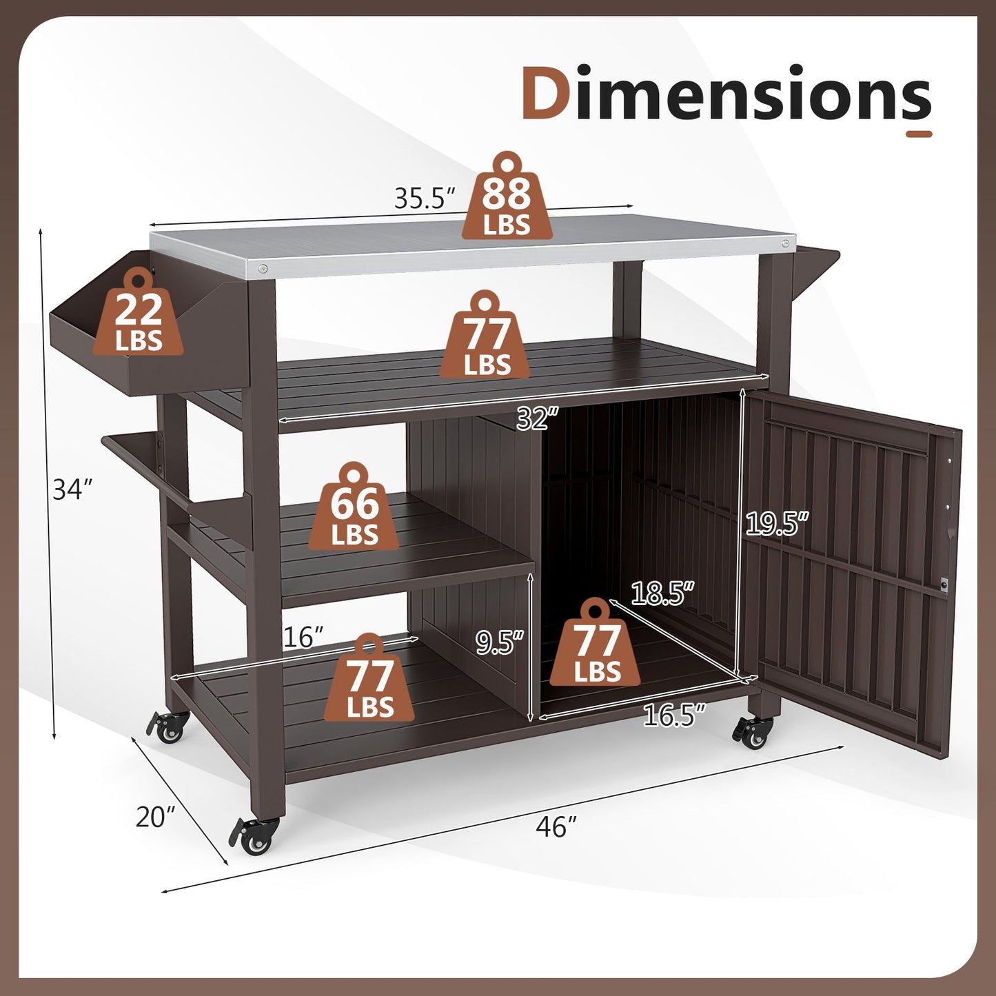 Outdoor Grill Cart with Storage Cabinet Shelves and Stainless Steel Top-Brown