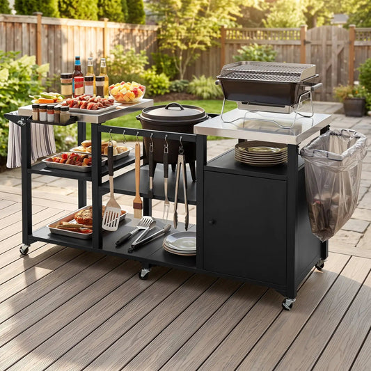 Outdoor grill cart DirectDeals with stainless steel tabletop and cabinet, utensil hooks on Tampa Home & Garden Store