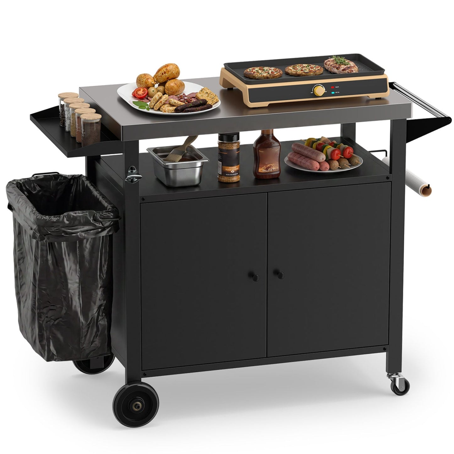 DirectDeals outdoor grill cart with stainless steel top, black storage cabinet, and wheels on Tampa Home & Garden Store