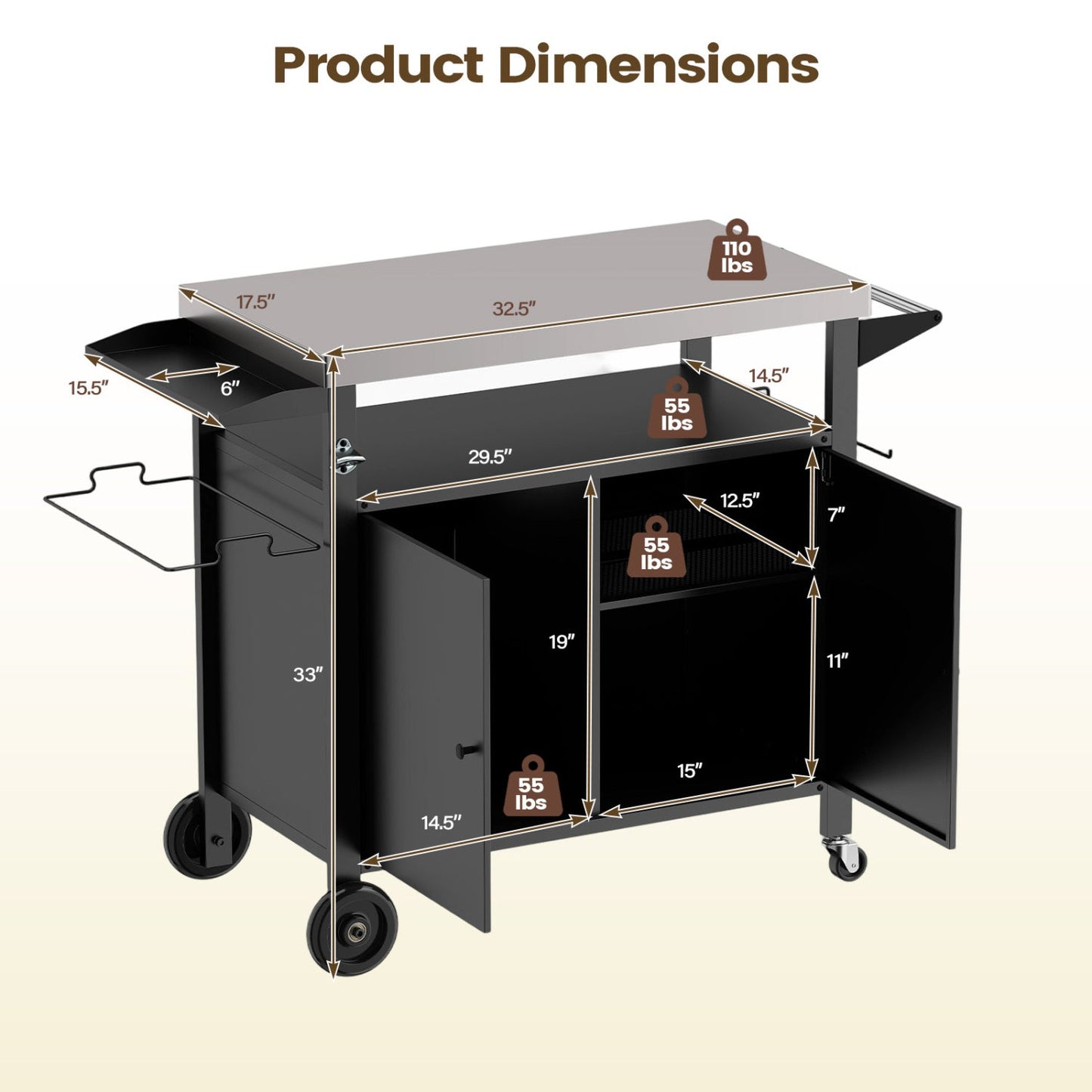 Outdoor grill cart DirectDeals with stainless steel top, black storage cabinet and wheels on Tampa Home & Garden Store