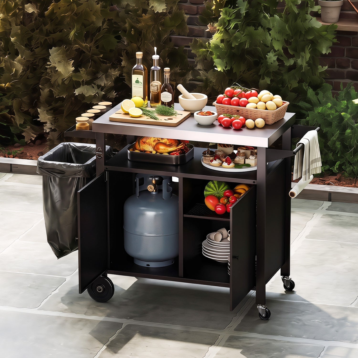 Outdoor grill cart with stainless steel top and storage cabinet in black frame DirectDeals on Tampa Home & Garden Store