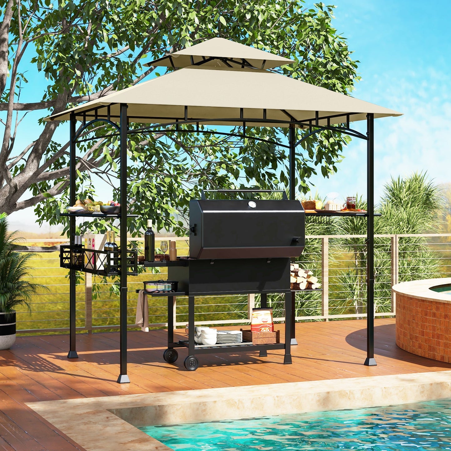 8 x 5 Feet Outdoor Grill Gazebo with 2 Side Shelves and 10 Hooks-Beige