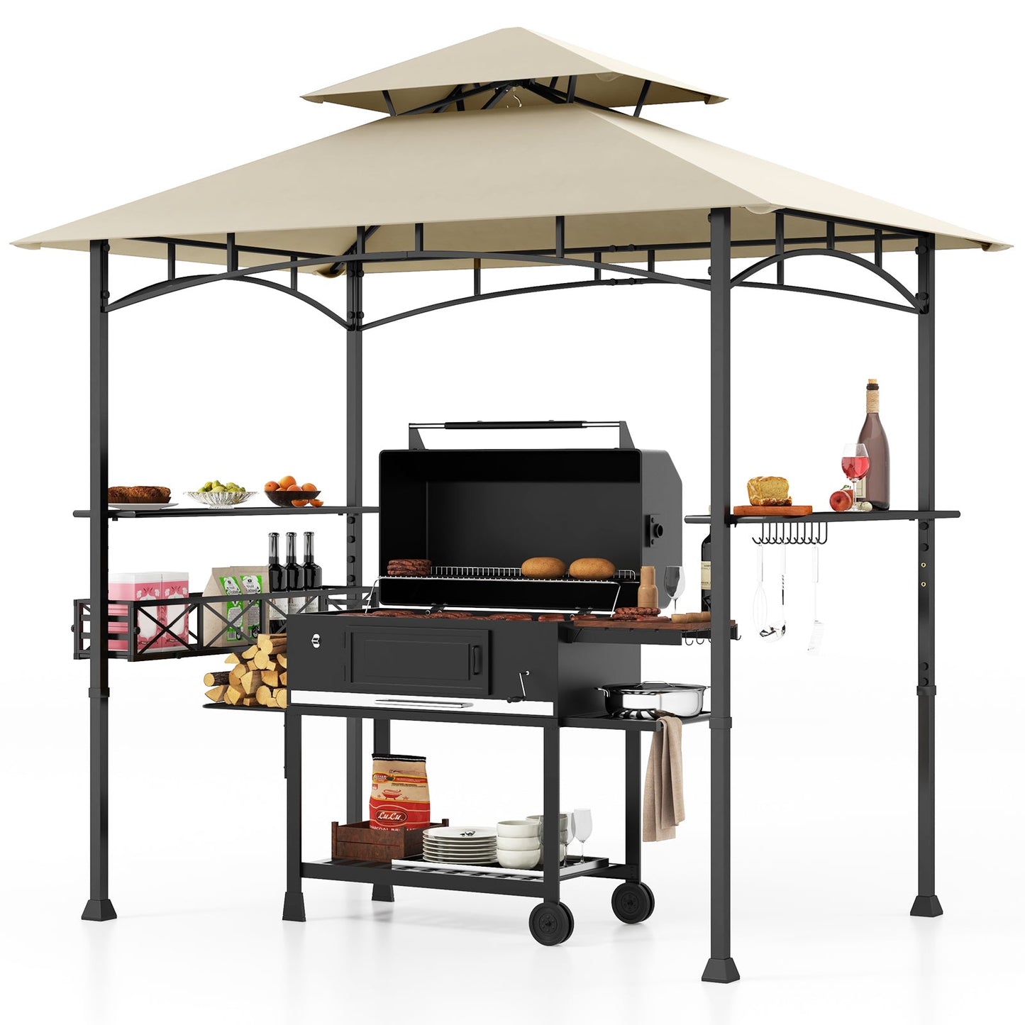 8 x 5 Feet Outdoor Grill Gazebo with 2 Side Shelves and 10 Hooks-Beige