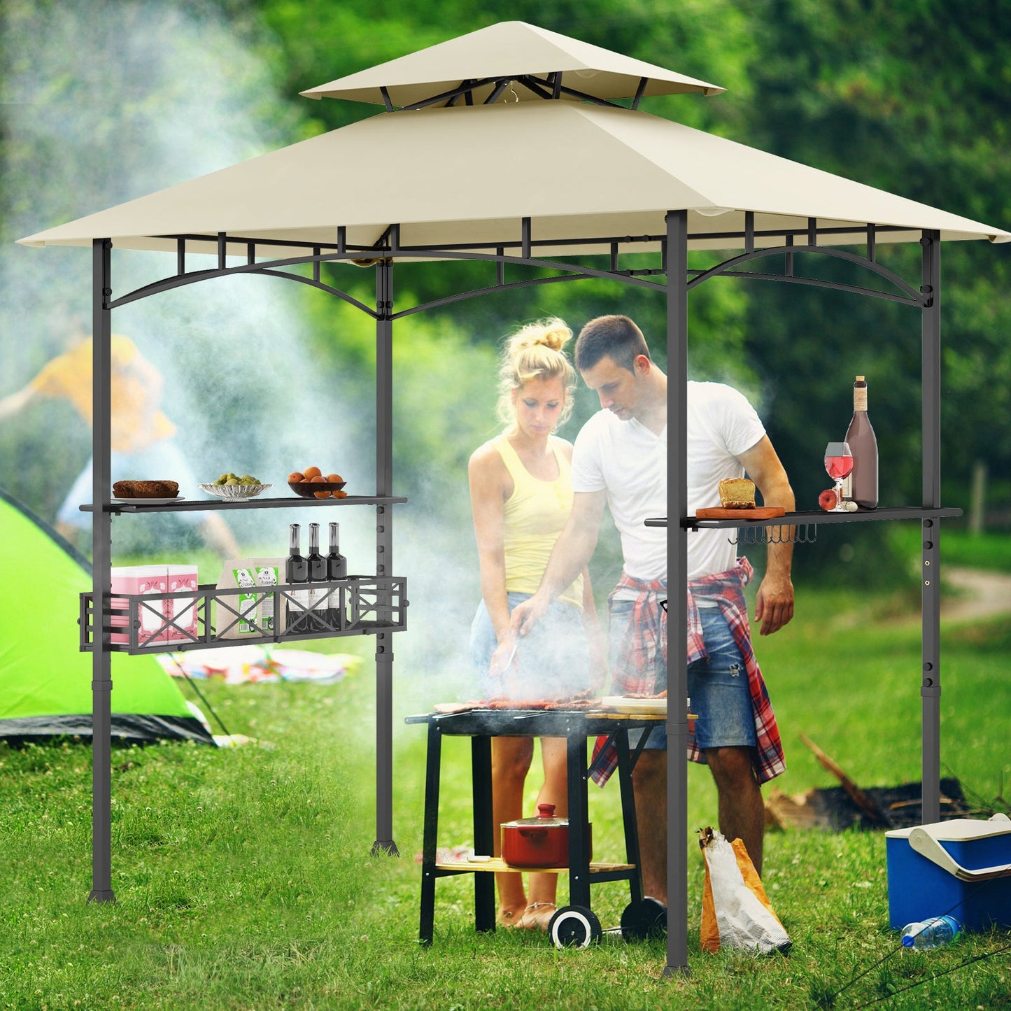 8 x 5 Feet Outdoor Grill Gazebo with 2 Side Shelves and 10 Hooks-Beige