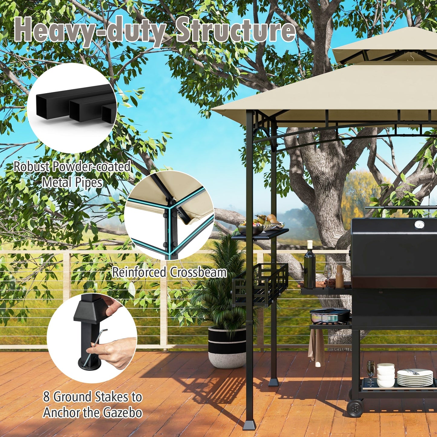 8 x 5 Feet Outdoor Grill Gazebo with 2 Side Shelves and 10 Hooks-Beige