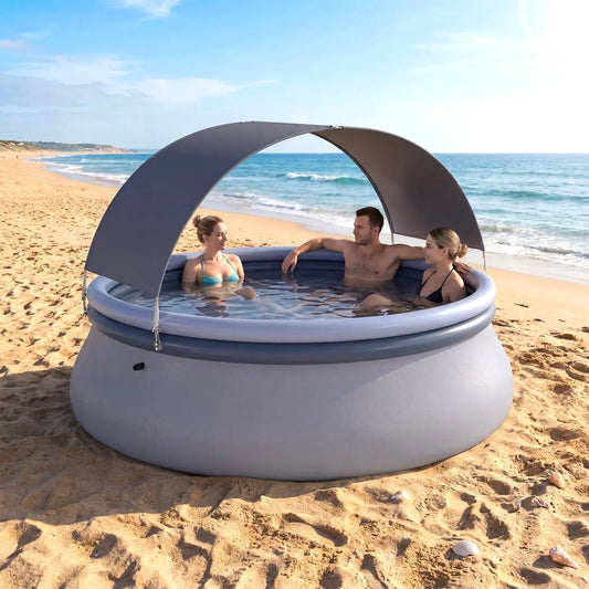DirectDeals inflatable pool with sunshade canopy on a sunny beach, blue-gray pool with 3 people on Tampa Home & Garden Store