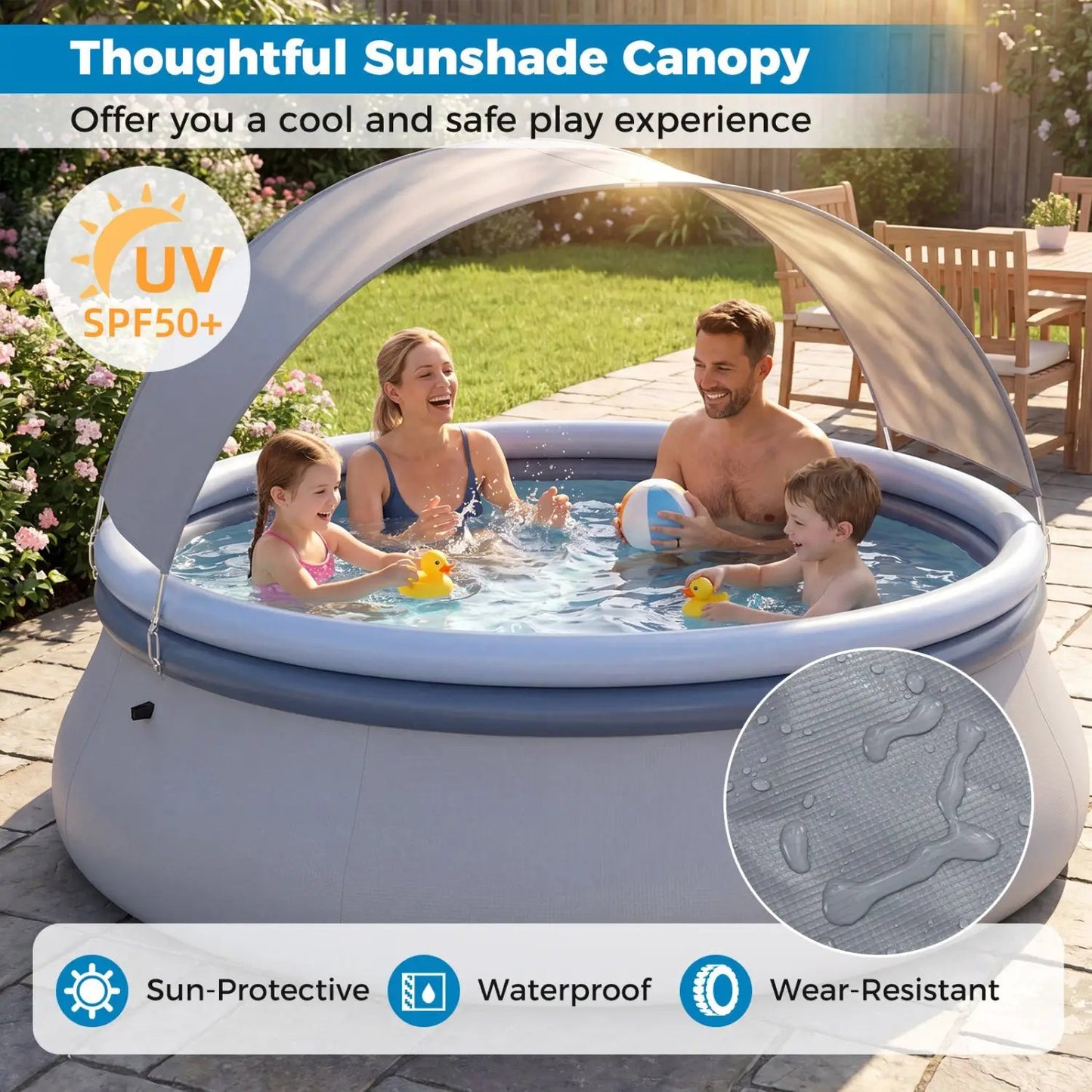 Inflatable Pool With Sunshade Canopy For Outdoors