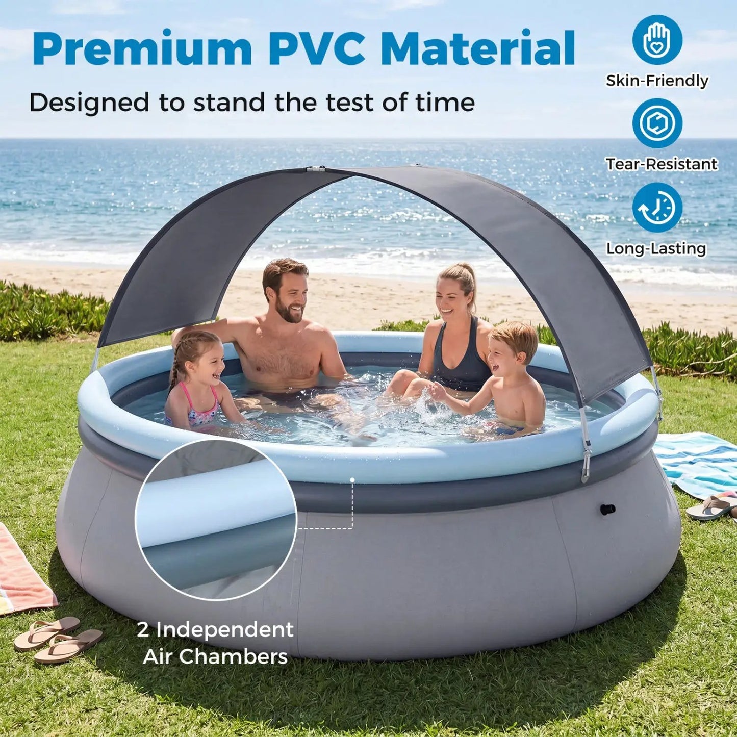 Inflatable Pool With Sunshade Canopy For Outdoors