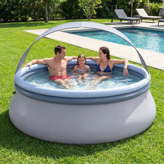 Inflatable pool with sunshade canopy, gray exterior and blue inner ring for outdoor use on Tampa Home & Garden Store