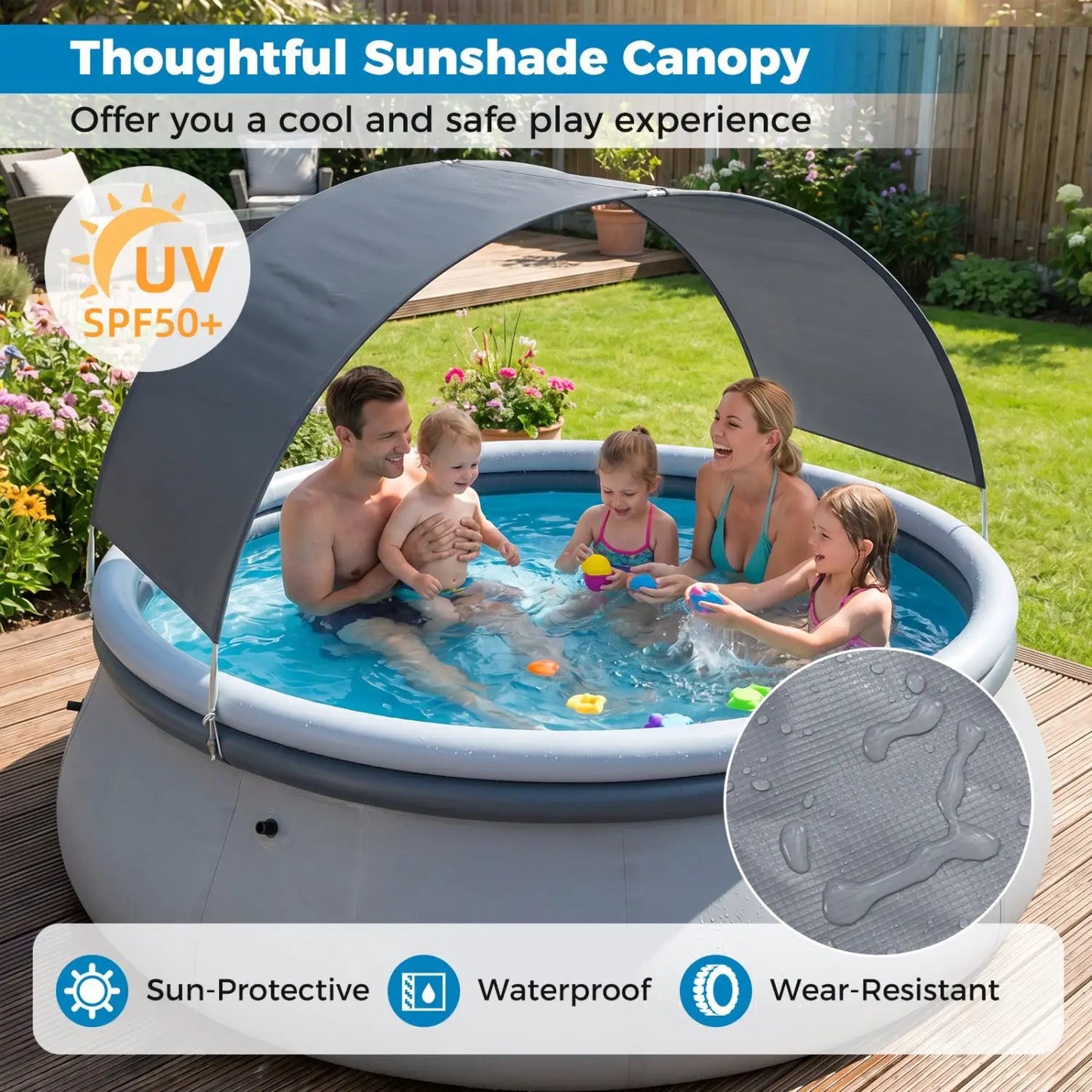 Inflatable Pool With Sunshade Canopy For Outdoors