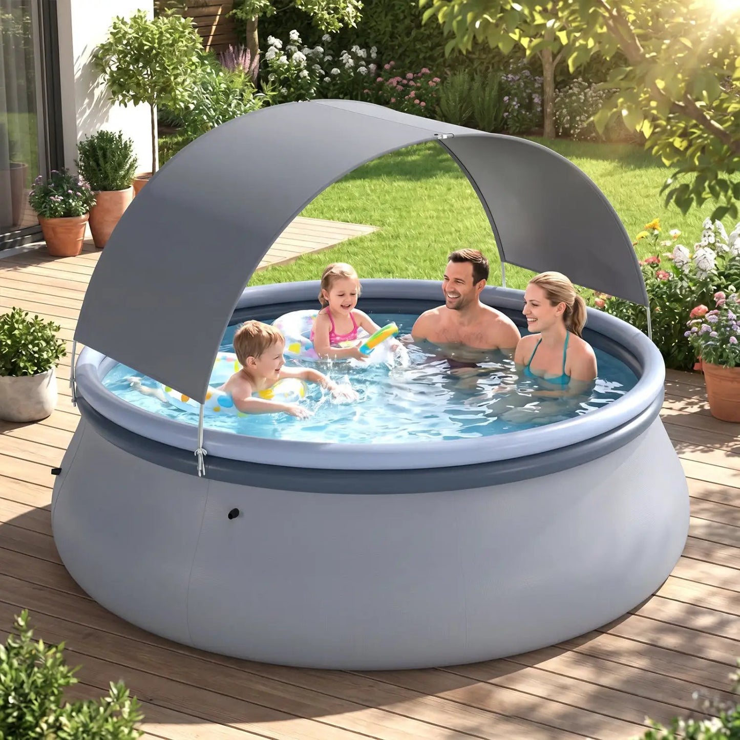 Inflatable Pool With Sunshade Canopy For Outdoors