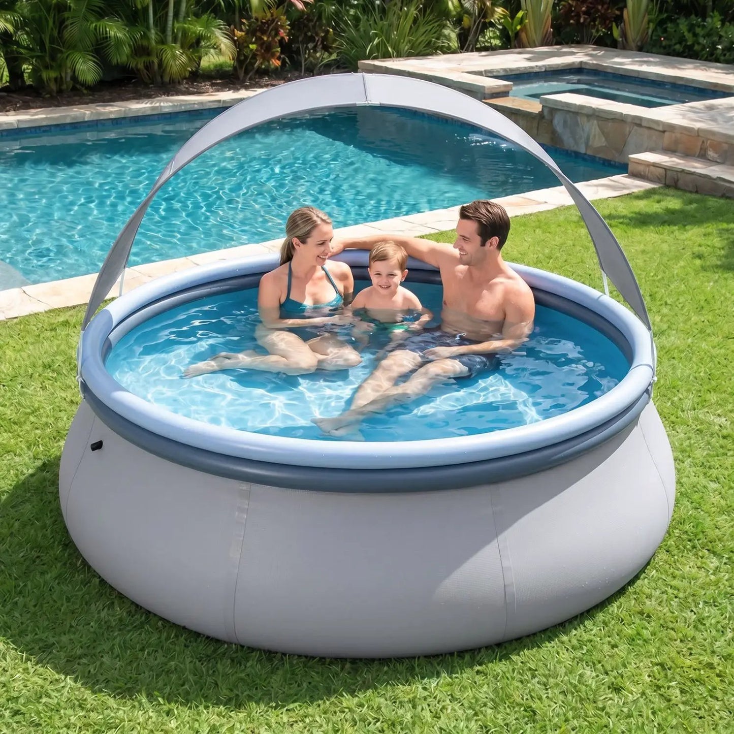 Inflatable Pool With Sunshade Canopy For Outdoors