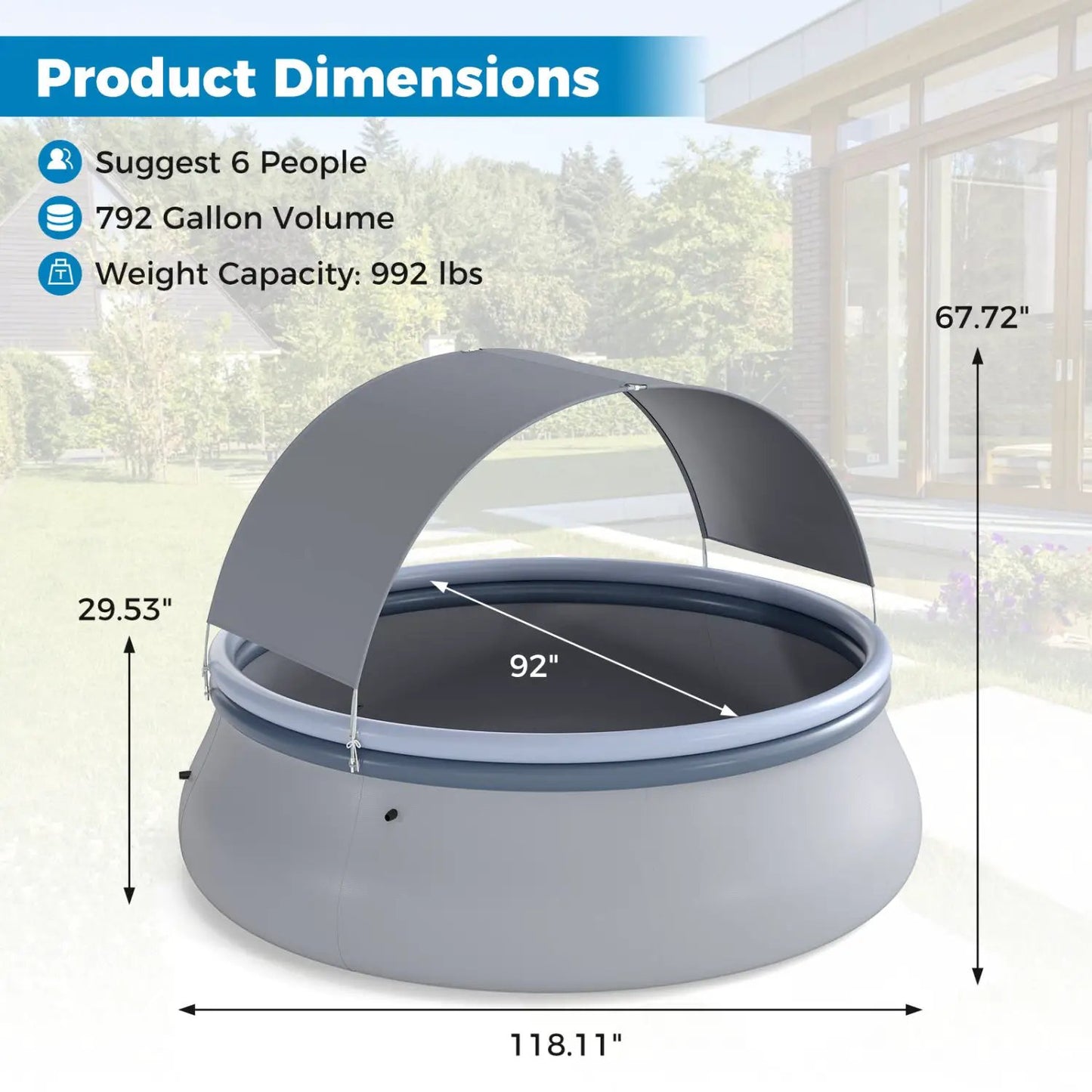 Inflatable Pool With Sunshade Canopy For Outdoors