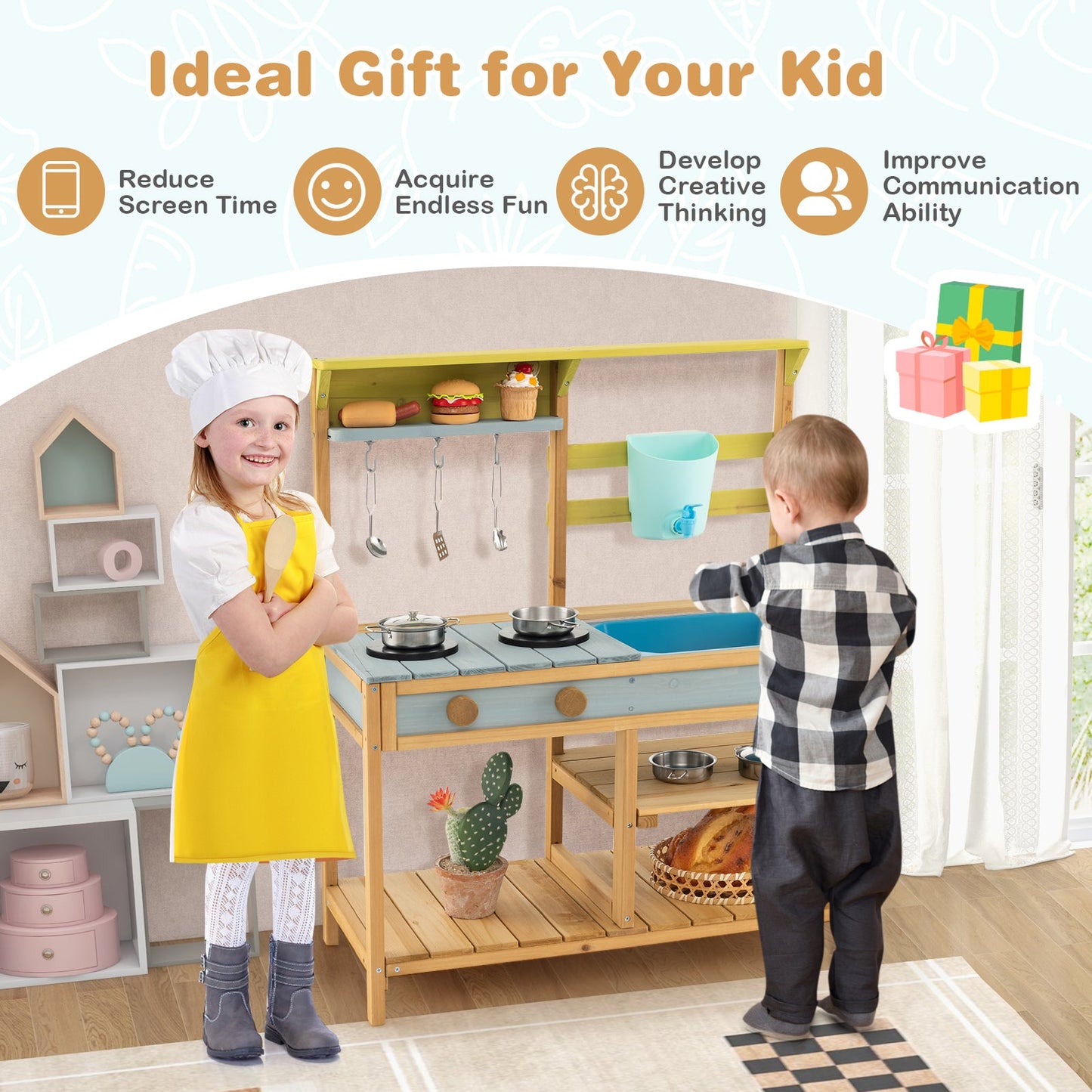 Outdoor Kids Mud Kitchen with Faucet and Water Box