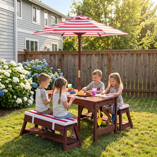 Kids wooden picnic table set with red striped umbrella and bench seating includes sand boxes on Tampa Home & Garden Store