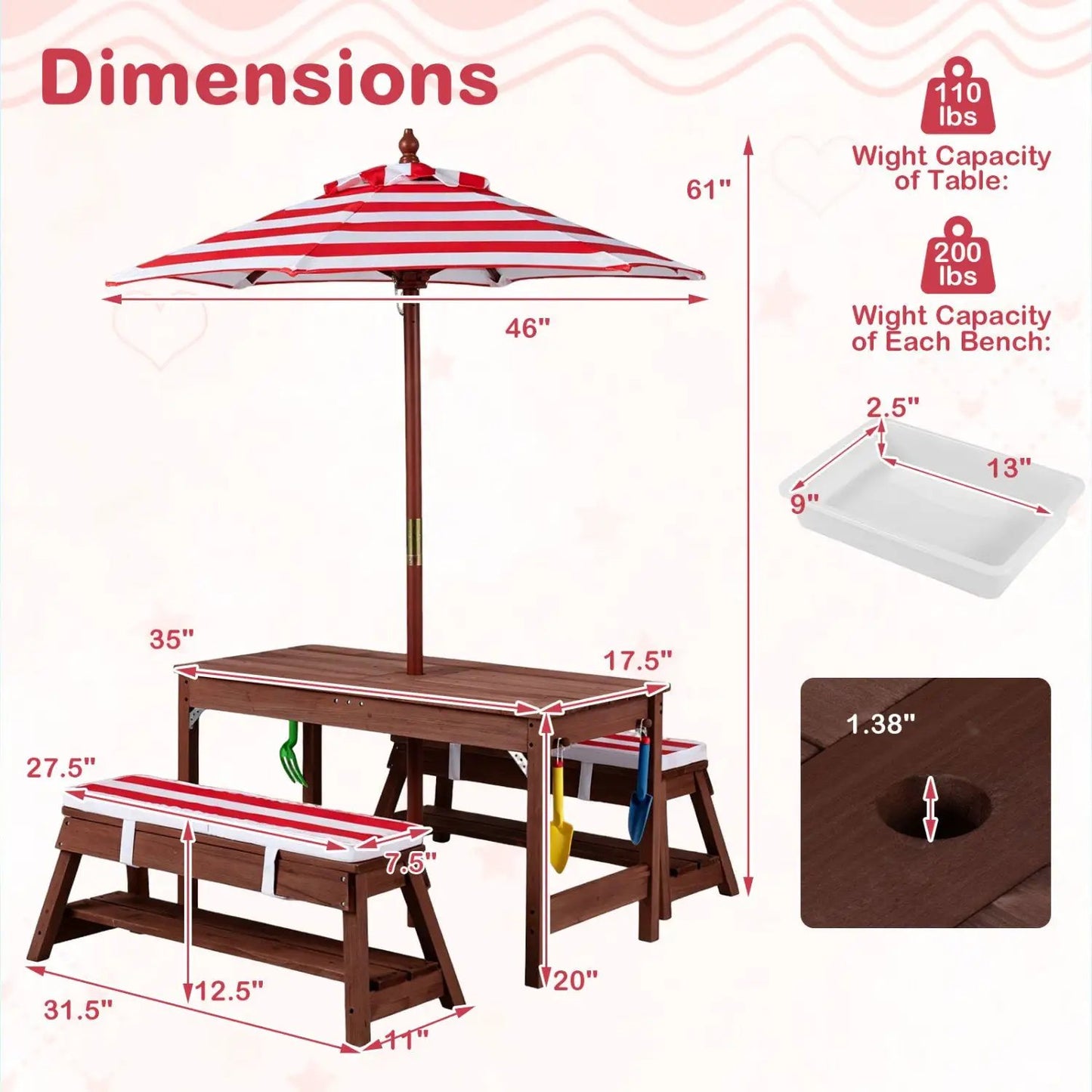 Kids Wooden Picnic Table Set with Umbrella and Sand Boxes