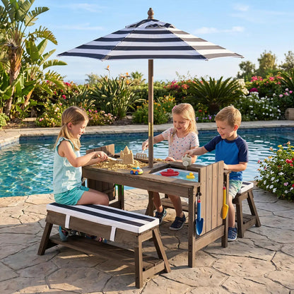 Kids Wooden Picnic Table Set with Umbrella