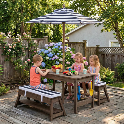 Kids Wooden Picnic Table Set with Umbrella