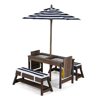 Kids Wooden Picnic Table Set with Umbrella