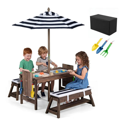 Kids Wooden Picnic Table Set with Umbrella