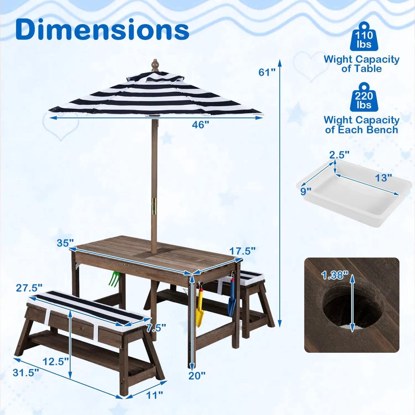 Kids Wooden Picnic Table Set with Umbrella