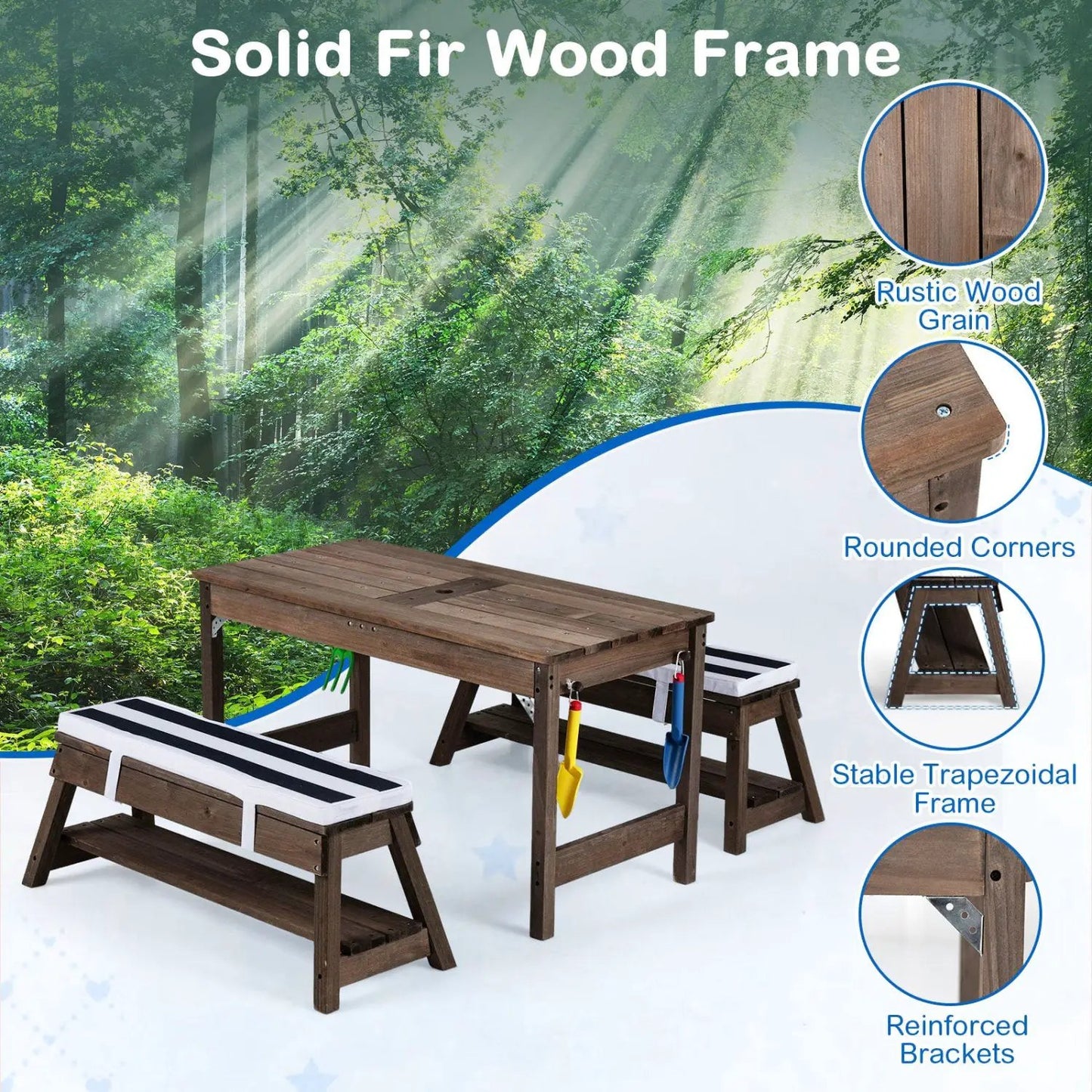 Kids Wooden Picnic Table Set with Umbrella